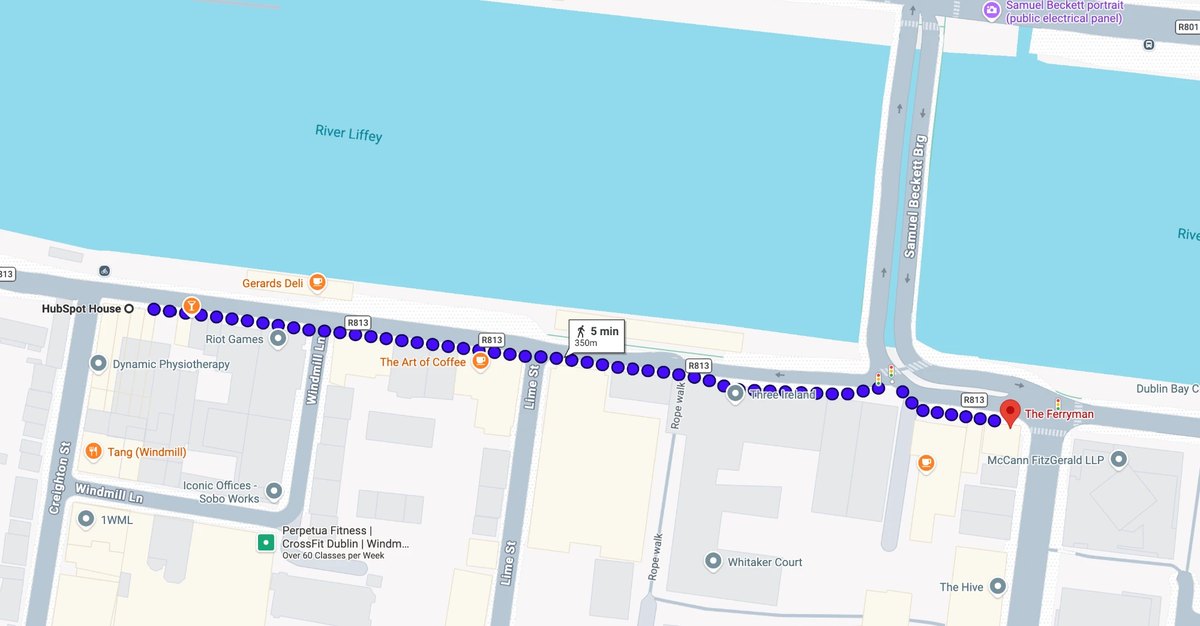 Walking route from HubSpot House to The Ferryman